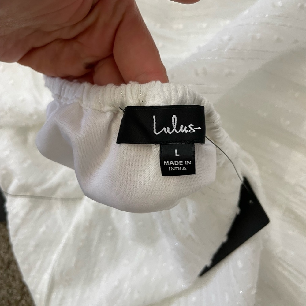 NWT Lulus - Sunny Reverie White Swiss Dot Lurex Halter Midi Dress - Picture 6 of 7